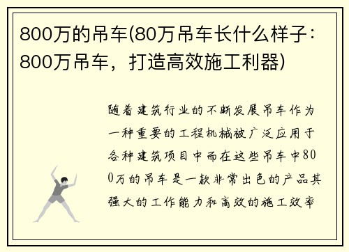 800万的吊车(80万吊车长什么样子：800万吊车，打造高效施工利器)