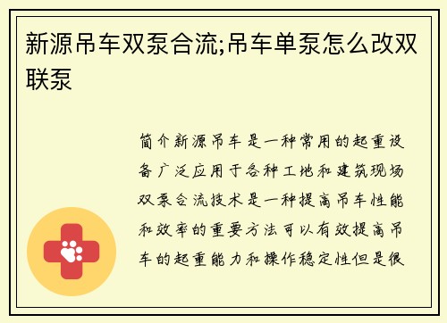 新源吊车双泵合流;吊车单泵怎么改双联泵