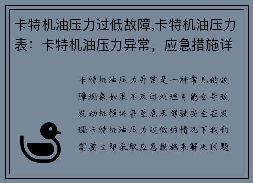 卡特机油压力过低故障,卡特机油压力表：卡特机油压力异常，应急措施详解